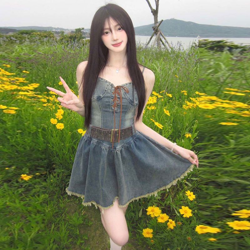 美式辣妹吊带抹胸牛仔连衣裙女夏季甜辣高腰显瘦小个子蓬蓬短裙子