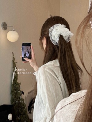Bellar / larmood  lace vintage 少女甜美 白色蕾丝波点褶皱发圈