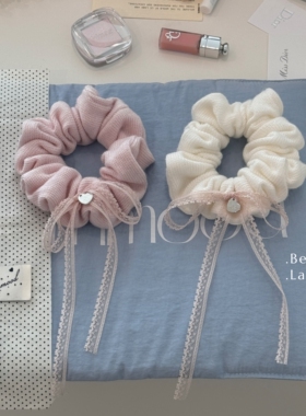 Bellar/larmood KNIT淡淡粉&牛奶白软糯毛线飘带低马尾丸子头发圈