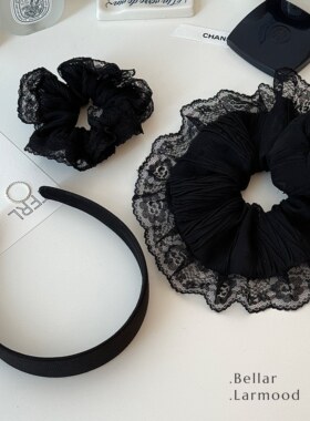 Bellar/larmood  lace vintage少女甜美黑色蕾丝波点褶皱发圈发箍