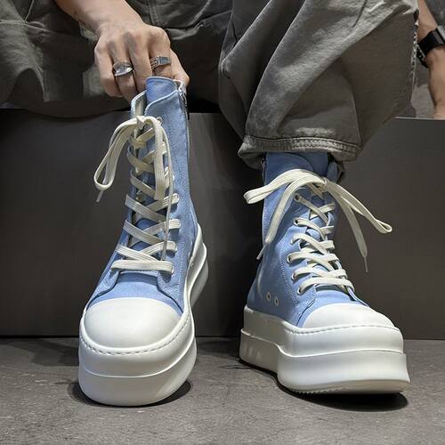 短靴子男增高厚底RO风帆布鞋街头潮款高帮鞋大头系带百搭马丁靴男