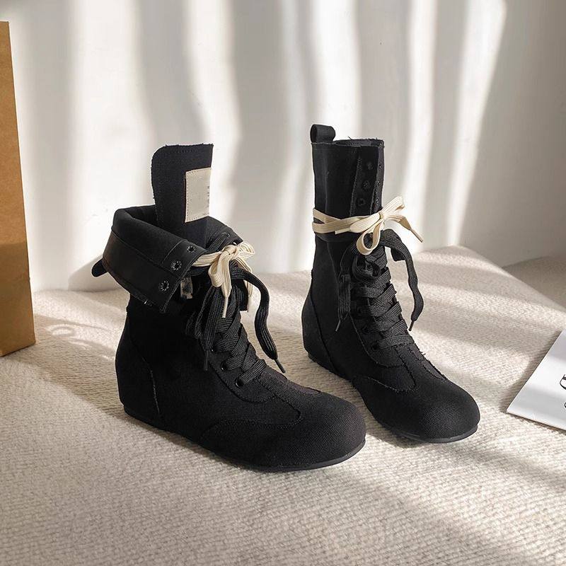 复古拳击靴帆布高帮马丁靴男女潮款牛仔靴系带平底通勤圆头靴子男