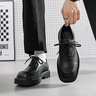 通勤上班百搭潮鞋情侣款休闲英伦港风方头皮鞋男款厚底增高德比鞋