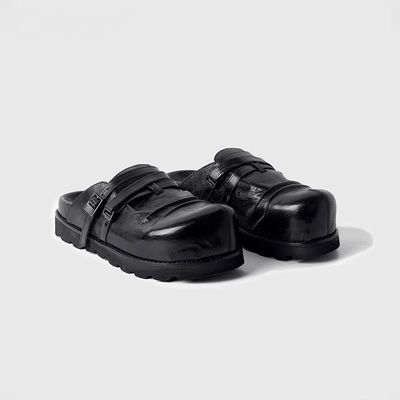 厚底通勤男女休闲鞋一脚蹬皮拖鞋户外勃肯鞋大圆头半拖潮款德比鞋