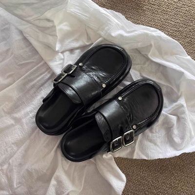 外穿情侣休闲皮凉拖鞋厚底勃肯拖鞋男女大头增高德比鞋包头半拖鞋