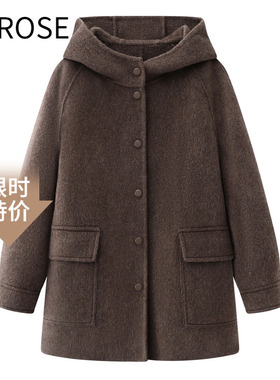 艾诺丝尚忆双面呢25年时尚深棕色保暖连帽款双面呢大衣女70741