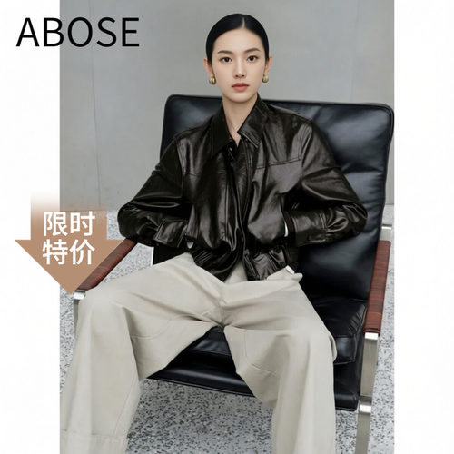 艾诺丝锦瑟皮衣POLO领短款外套女