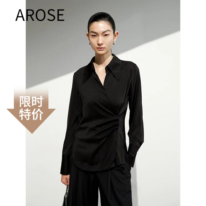 艾诺丝2025秋季斜门襟尖领衬衫女