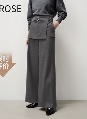 艾诺丝长裤2025秋季新款高腰假两件灰色阔腿休闲裤女304121