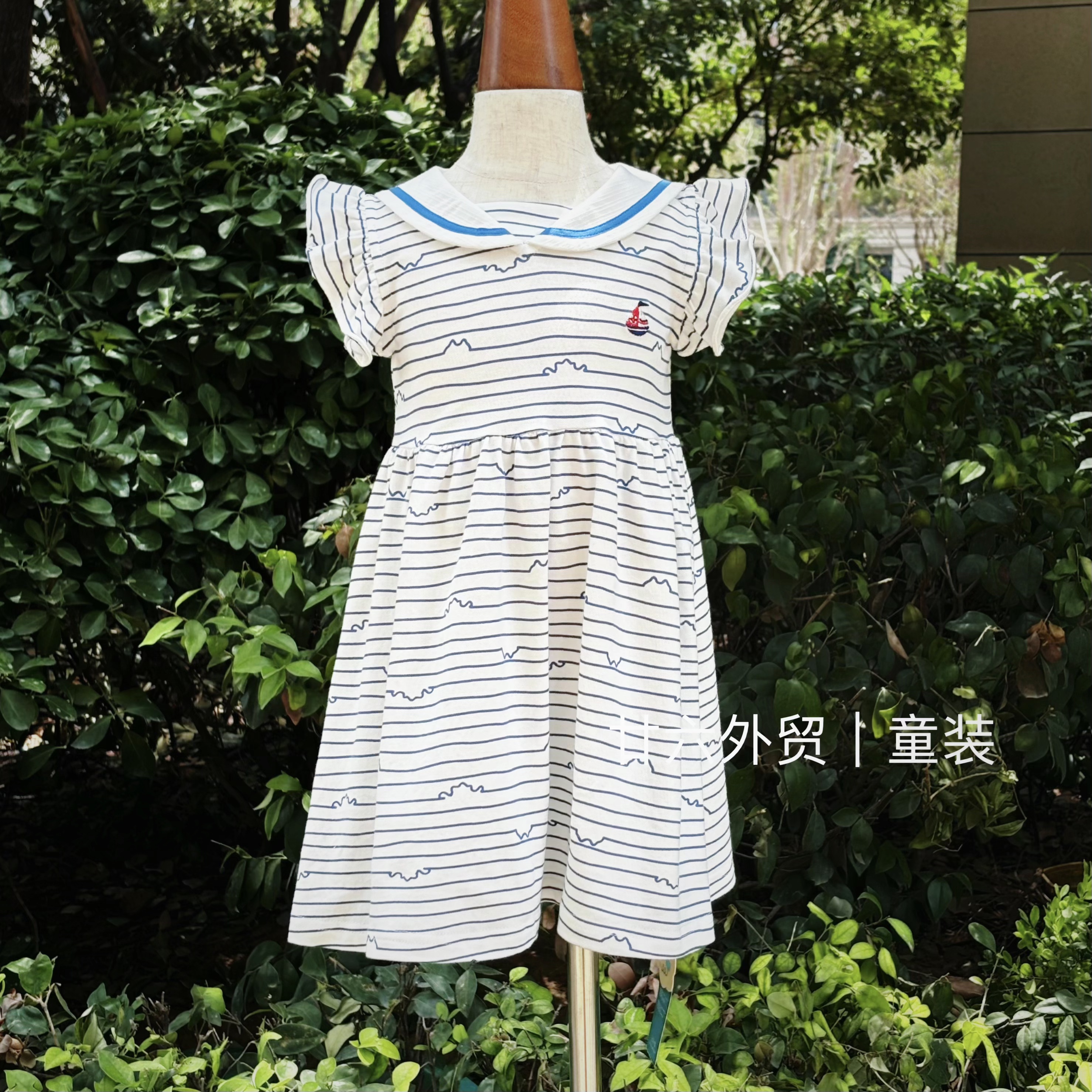 现货法单女童夏季条纹翻领小船连衣裙新款女宝薄款无袖裙1114234