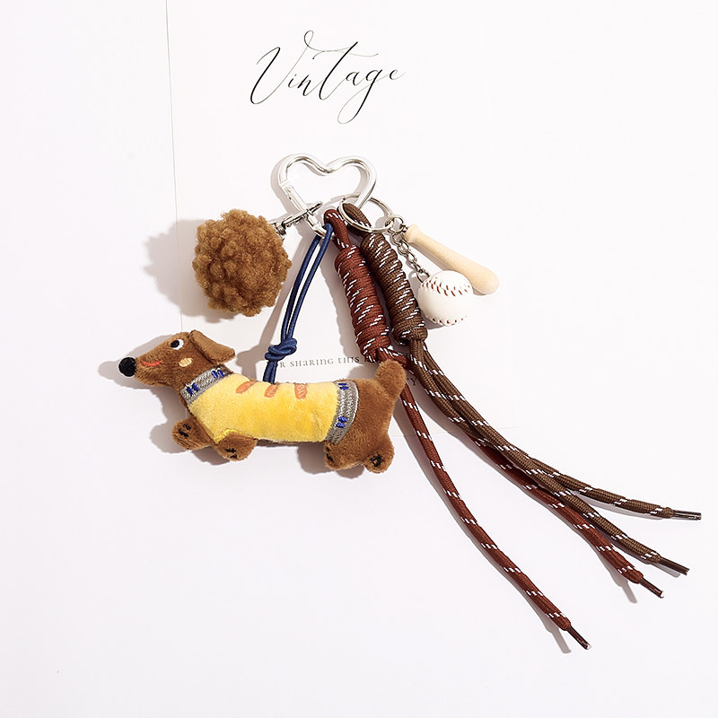 原创小众腊肠狗公仔钥匙扣包挂件ins流苏毛球书包背包挂饰小礼物