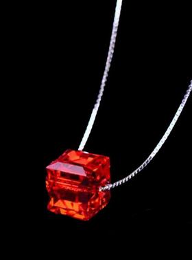 本命年大红色项链甜蜜方糖简约颈链闪亮透彻炫彩晶吊坠女锁骨饰品