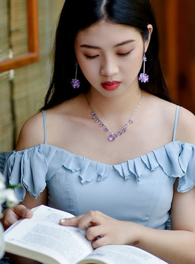 S925纯银色饰品紫色水晶项链套链短款锁骨链时尚精致颈链甜美吊坠