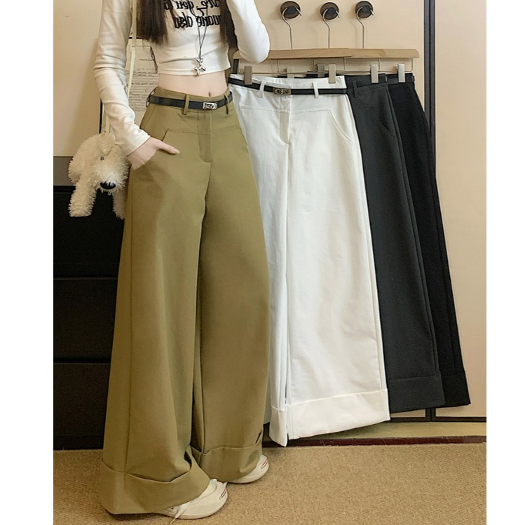 宽松纯色西装休闲裤女秋季垂感高腰翻边阔腿裤子百搭直筒拖地长裤