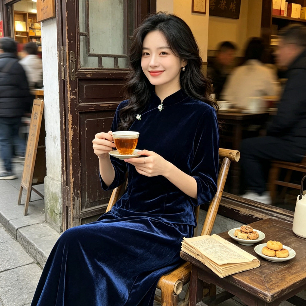 丝绒民国风长袖秋季旗袍两件套