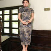 裙子 走秀洋气减龄长款 改良演出短袖 旗袍单层印花连衣裙2025年新款