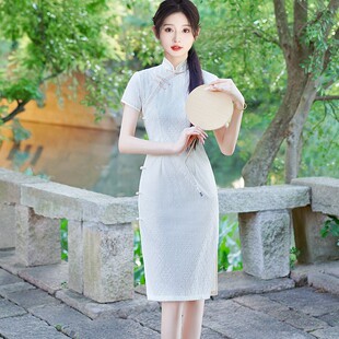 复古气质日常演出服小个子修身 新中式 中国风白色旗袍蕾丝中长短袖