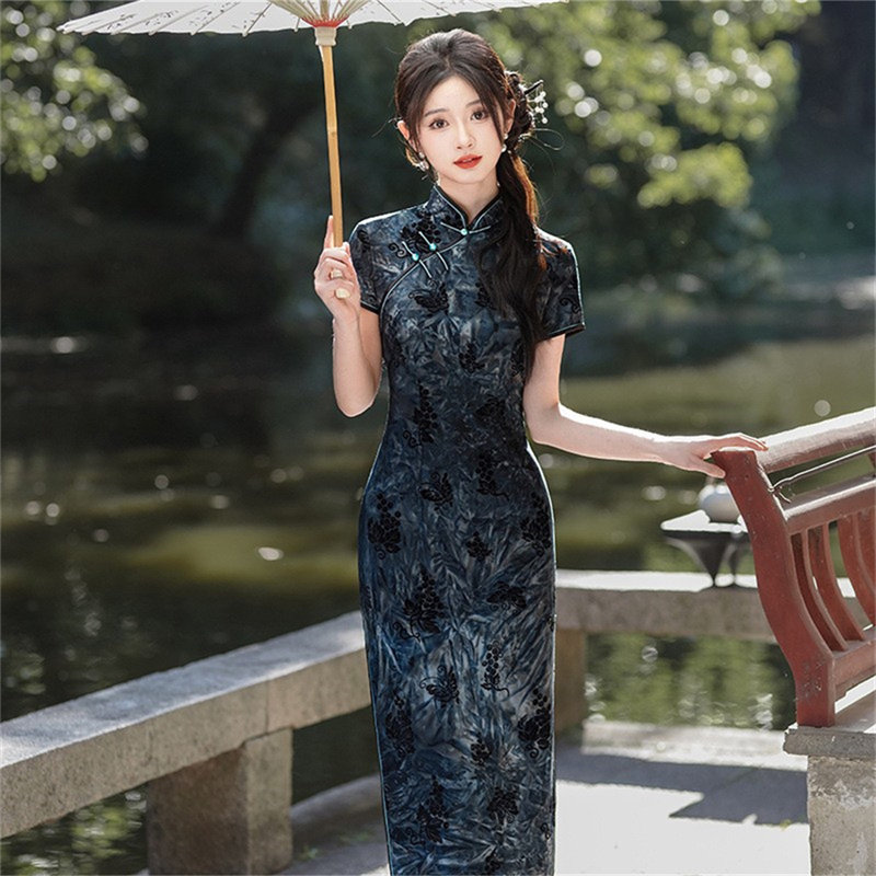 老上海风复古弹力走秀旗袍高端气质国风短袖演出走秀改良式连衣裙