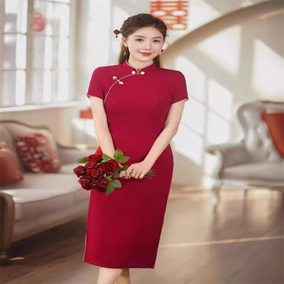 复古日常短袖酒红色旗袍连衣裙