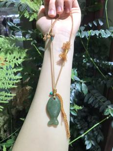 原创设计和田玉碧玉包浆小鱼吊坠搭配沉香木菱镁矿绿松石手工皮绳