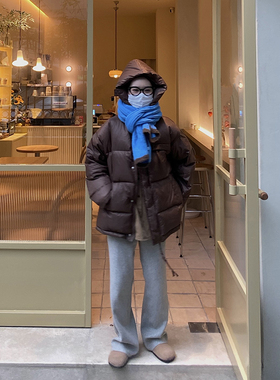 Firstlove温暖蓬松厚外套小个子立领咖色羽绒服帽子可拆卸白鸭绒