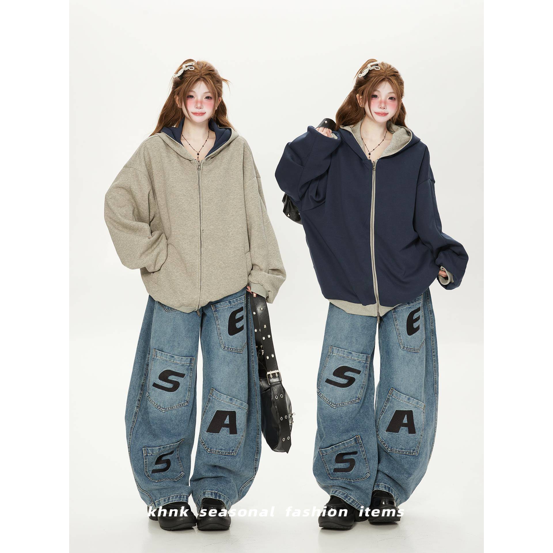 美式重磅双面正反两面穿拉炼连帽卫衣外套女开衫秋季宽松情侣上衣