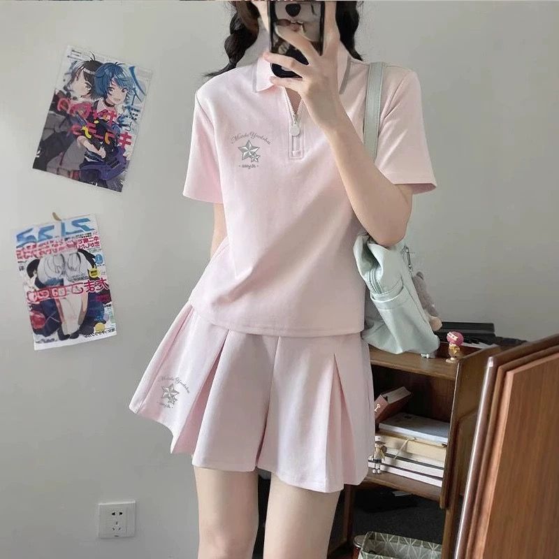 韩版运动套装女夏季新款甜美设刺绣短袖POLO衫短裤裙少女两件套潮