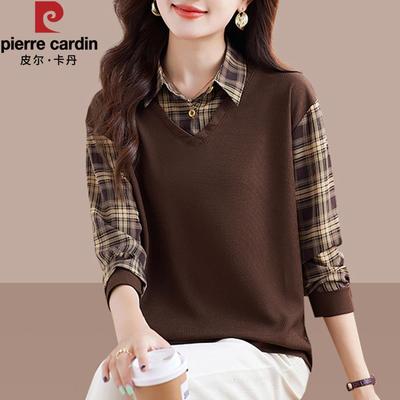 女士假两件卫衣2025新款春秋气质衬衫领格子长袖上衣