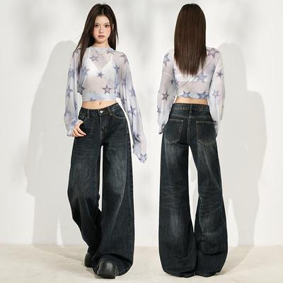 美式复古高街阔腿牛仔裤女2025秋季新款高腰显瘦宽松直筒拖地裤
