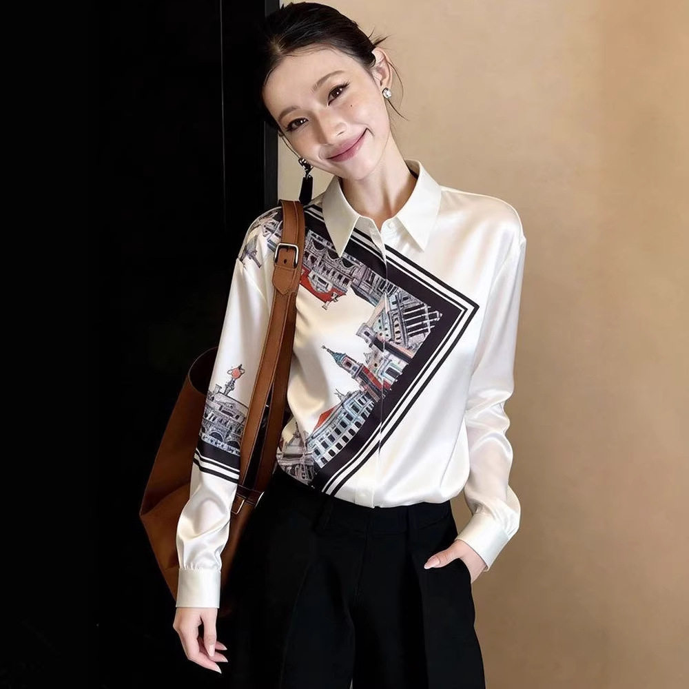 韩系翻领印花拼接长袖衬衫女春夏新款设计感小众宽松休闲百搭上衣