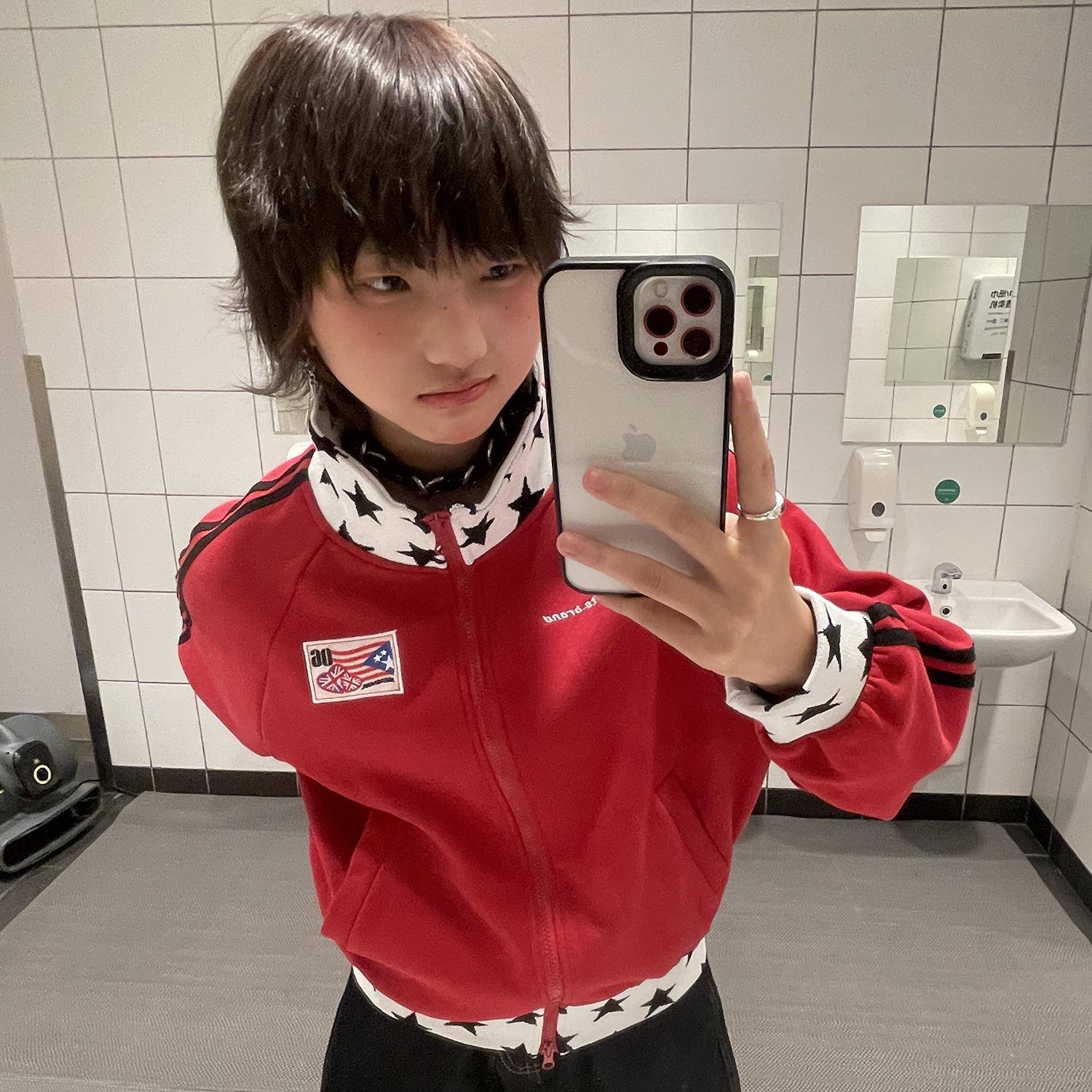 影子星球美式两条杠立领卫衣女星星印花拼接棒球服宽松开衫外套男