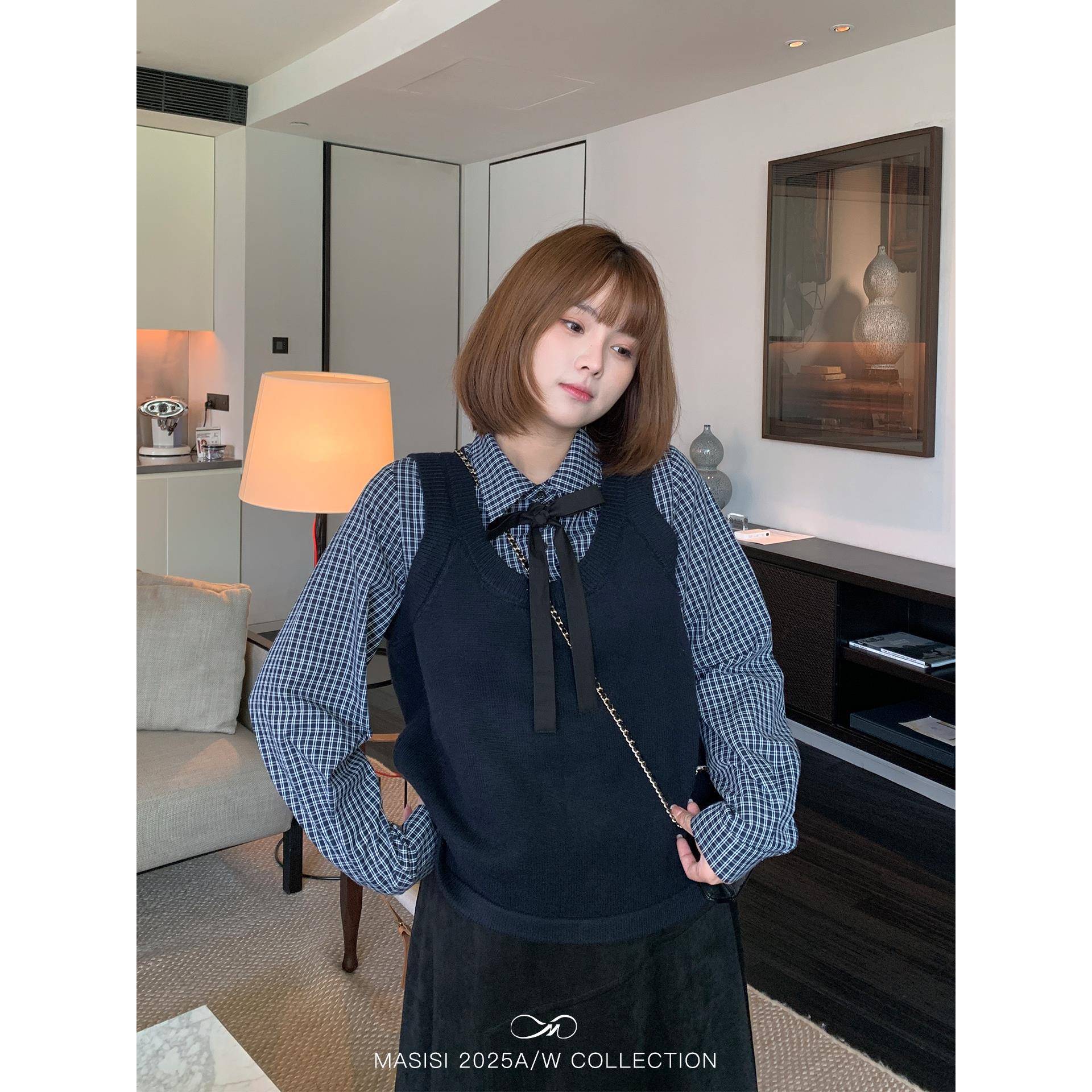 马西西大码女装学院风假两件蝴蝶结针织衫秋胖mm宽松正肩长袖上衣