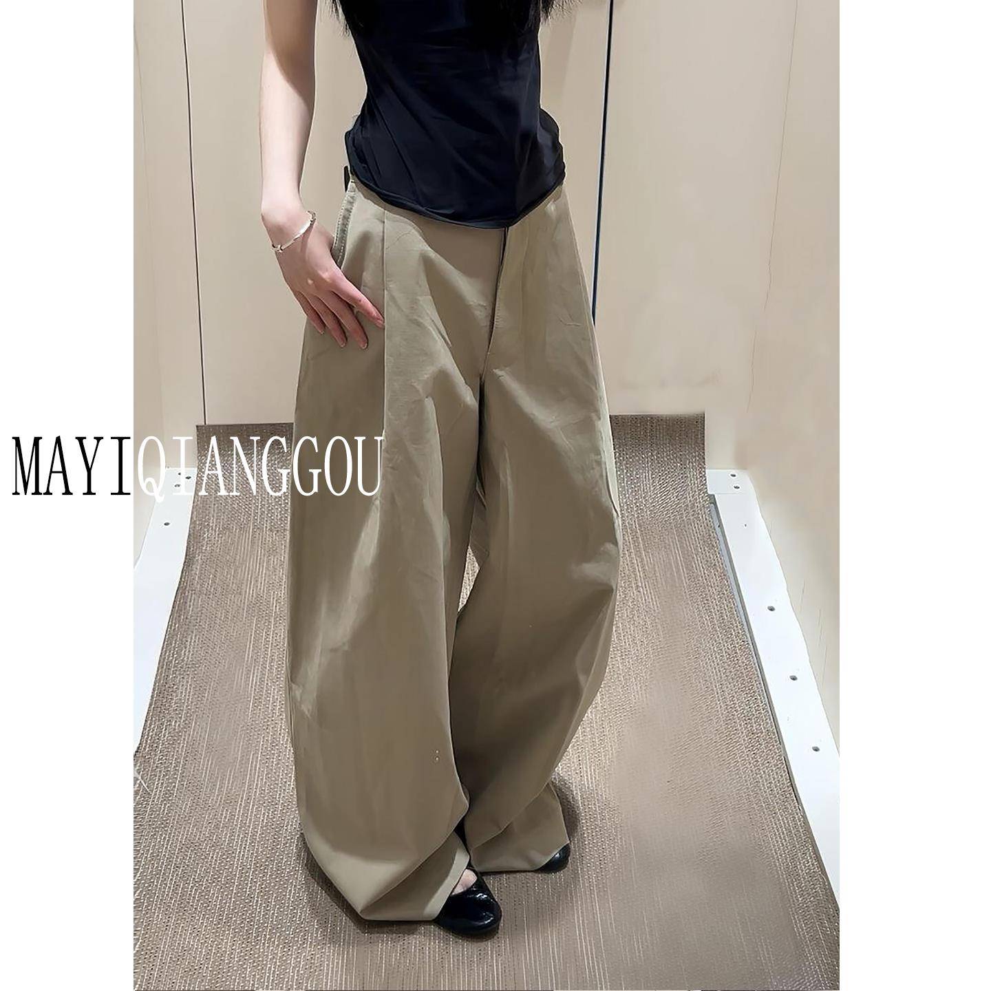 175高个子加长卡其色慵懒风休闲裤女早秋新款高腰宽松阔腿拖地裤