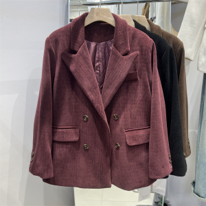 韩版显瘦夹棉灯芯绒西装外套女2023秋冬新款宽松休闲复古加厚西服