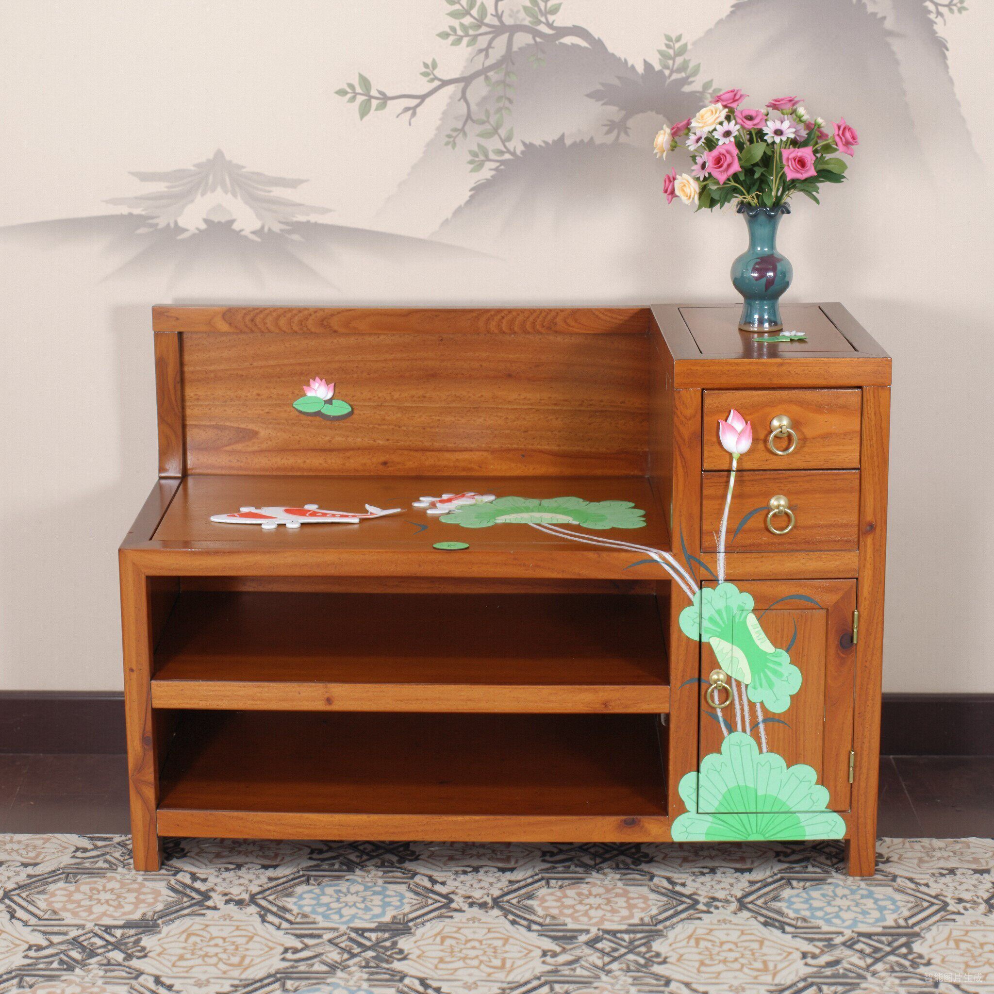 田园彩绘图案换鞋凳式穿鞋柜实木带靠背抽屉进门口储物长椅子沙发