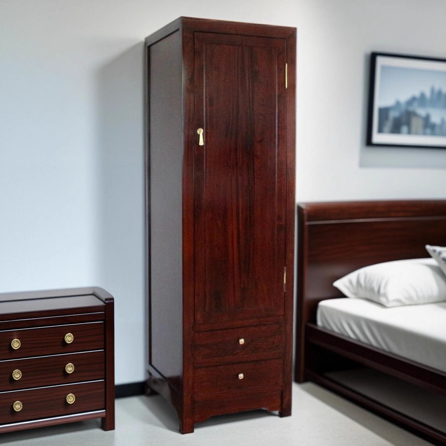 香樟实木挂衣柜单门60cm宽窄小户型儿童床头单人独柜子收纳橱卧室