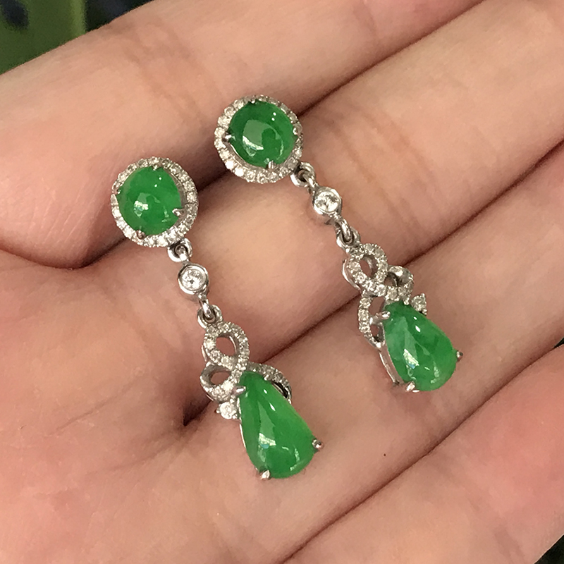 缅甸A货18K白金帝王绿水滴形耳环