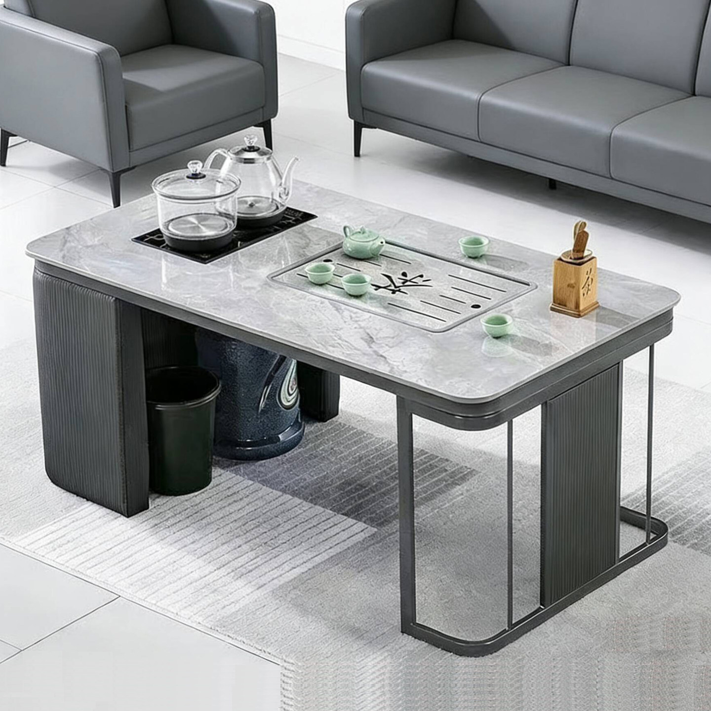 高档灰色岩板功夫茶几自动上水小户型办公室功夫茶台泡茶一体茶桌