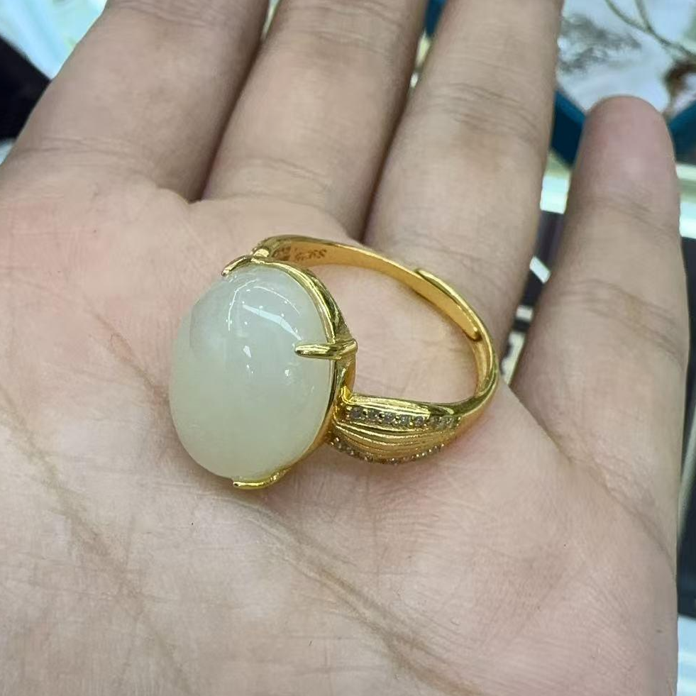 S925银和田玉蛋面戒指-约16*12mm-多样性发货-YSP金