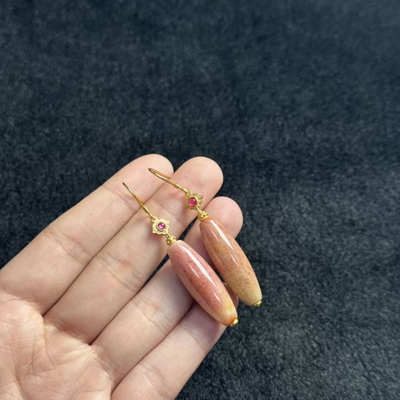 硅化玉s925银珊瑚玉耳钩-约9*38*10mm-多样性发货- T福-A4392