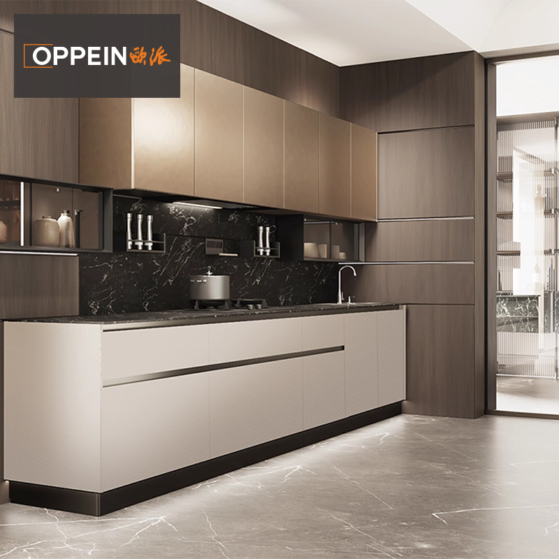 欧派橱柜定制新款厨房灶台一体柜整体石英石台面厨房厨柜轻奢风