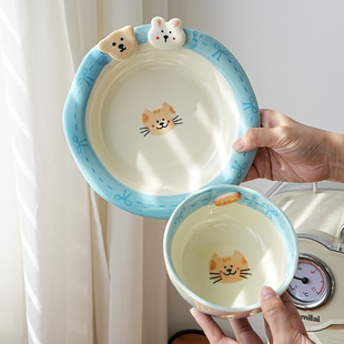 可爱卡通餐具套装釉下彩ins风家用陶瓷米饭碗面碗盘子高颜值碗具