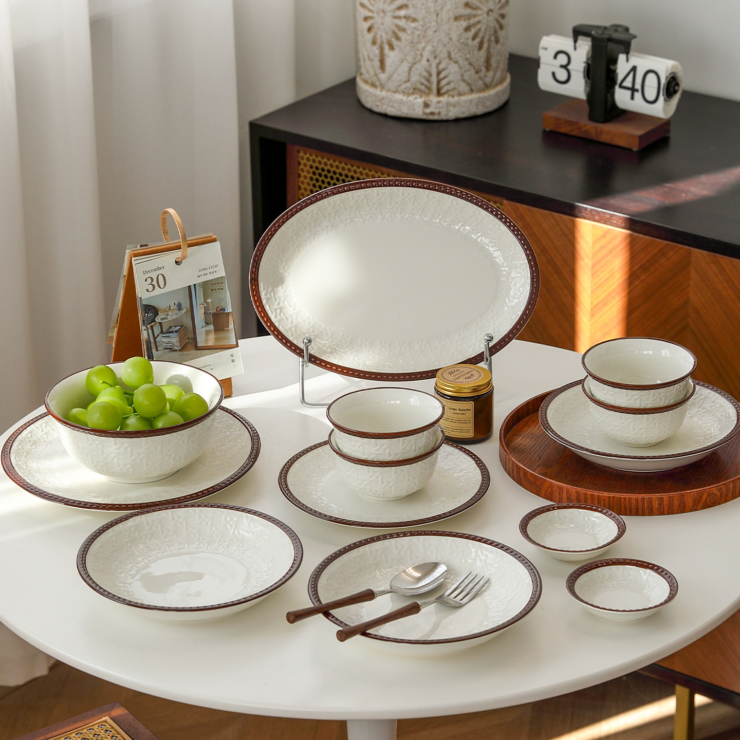 以物集藤编复古陶瓷碗碟套装家用高级感精致餐具碗盘子乔迁结婚,餐饮具,碗,淘宝优惠券,粉丝福利购,淘宝优惠卷