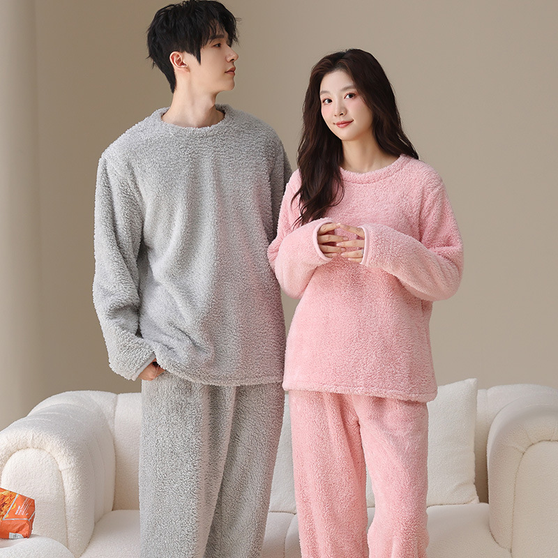 冬季150cm小个子珊瑚绒情侣睡衣女加绒加厚法兰绒家居服套装xs码