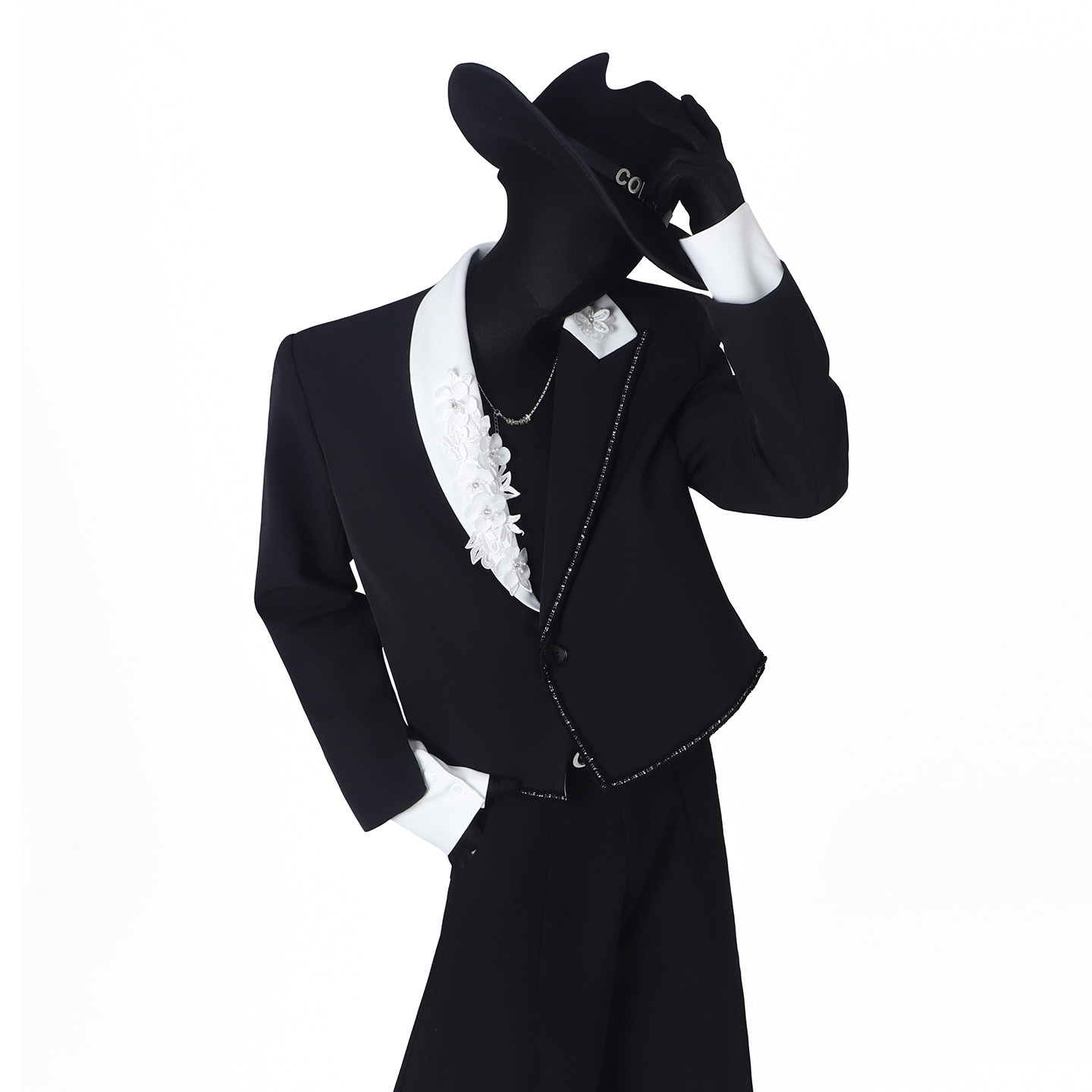 BlackClothes设计款拼接花朵西装外套男舞台宴会礼服垫肩短西服