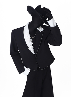 BlackClothes设计款拼接花朵西装外套男舞台宴会礼服垫肩短西服