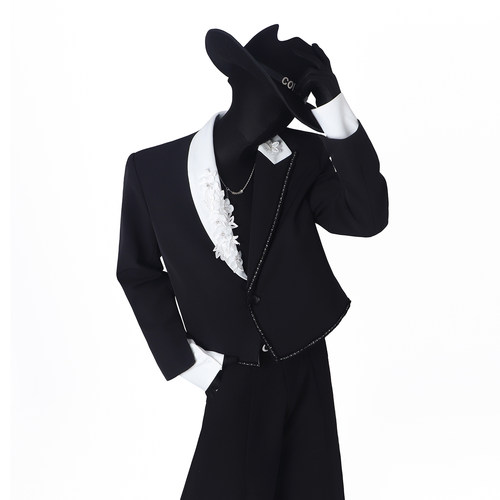 黑色拼接花朵男士西装外套礼服