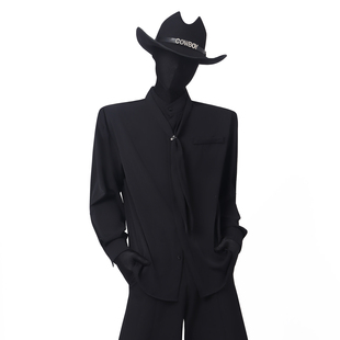 BlackClothes秋季法式复古立领领带白衬衫男长袖内搭衬衣气质上衣