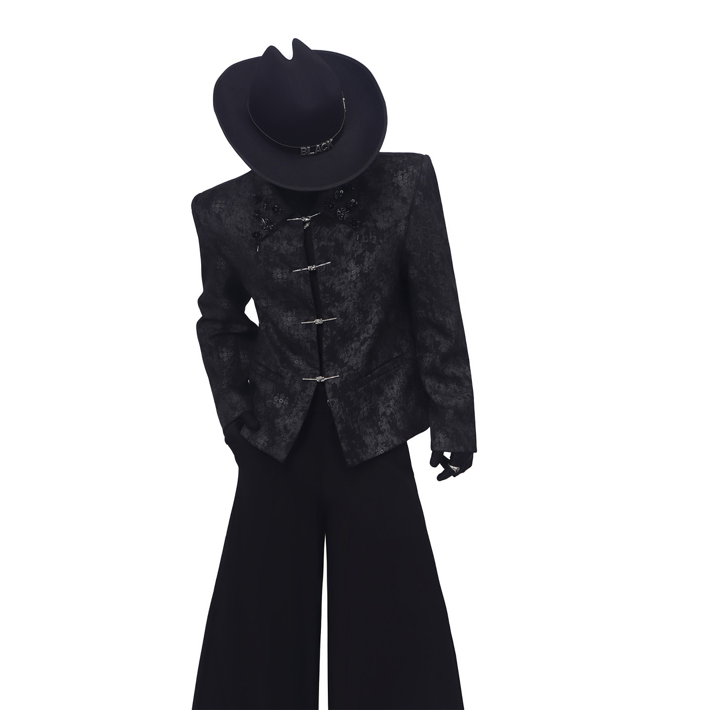 BlackClothes新中式暗纹理翻领设计感西装外套银扣复古宽松西服潮