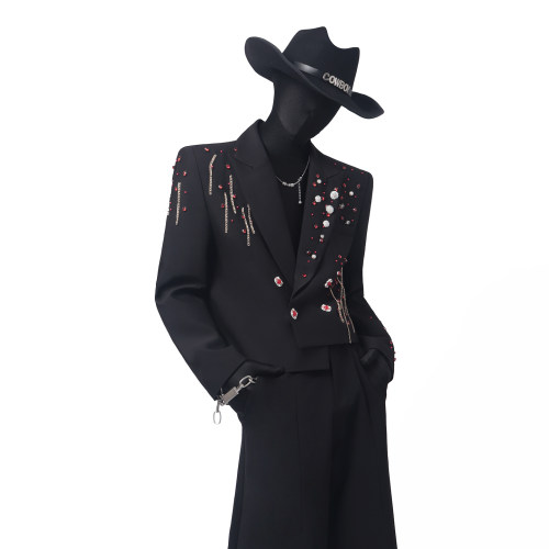 Black Clothes解构黑色重工不规则短款西服高级金属链条装饰西装